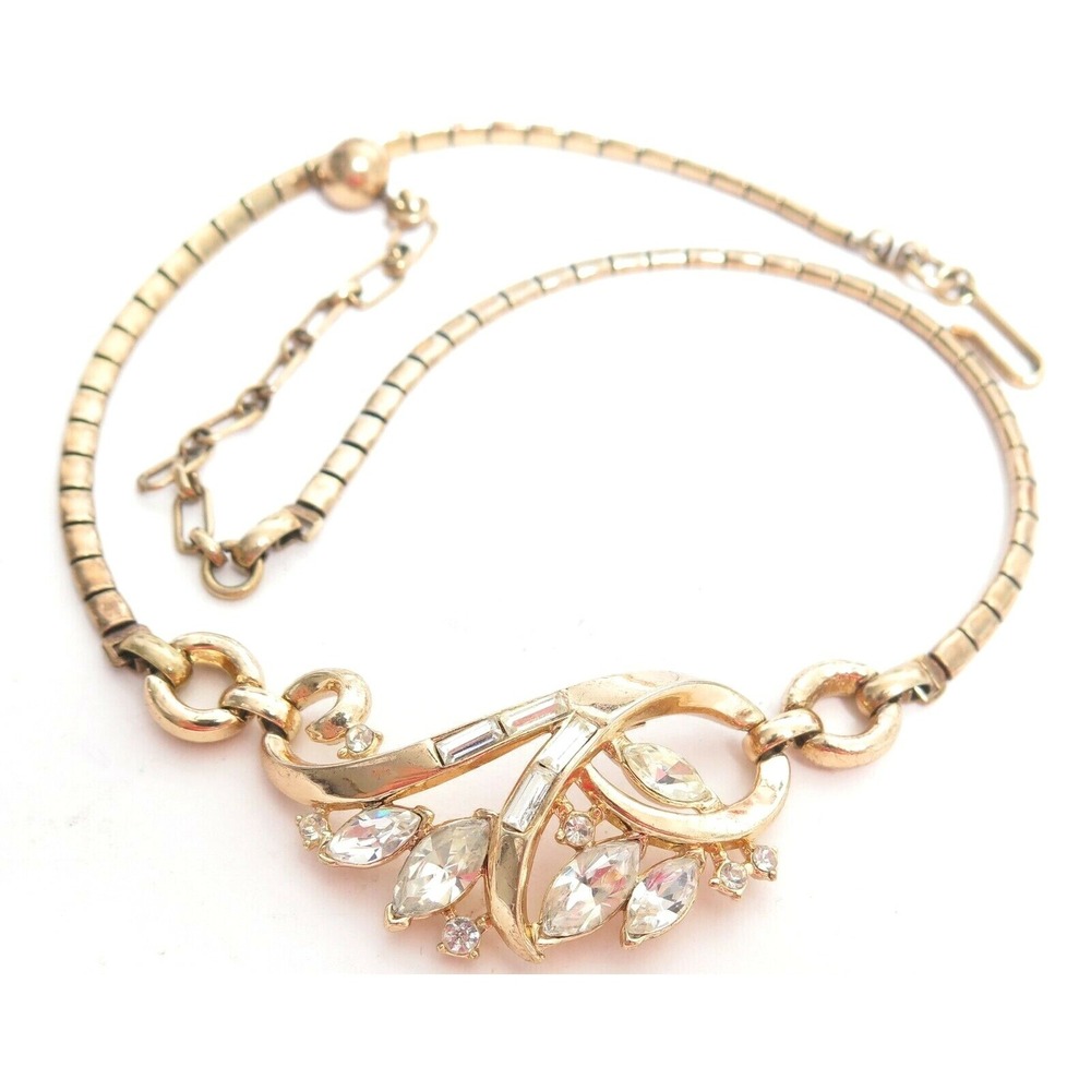 Vintage ALFRED PHILIPPE 1953 Signed‎ TRIFARI Rhinestone Gold Plated Bib Necklace